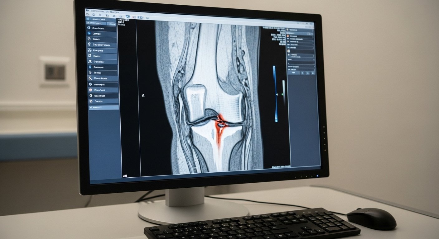 A computer monitor displays an MRI scan of a knee joint with highlighted areas.
