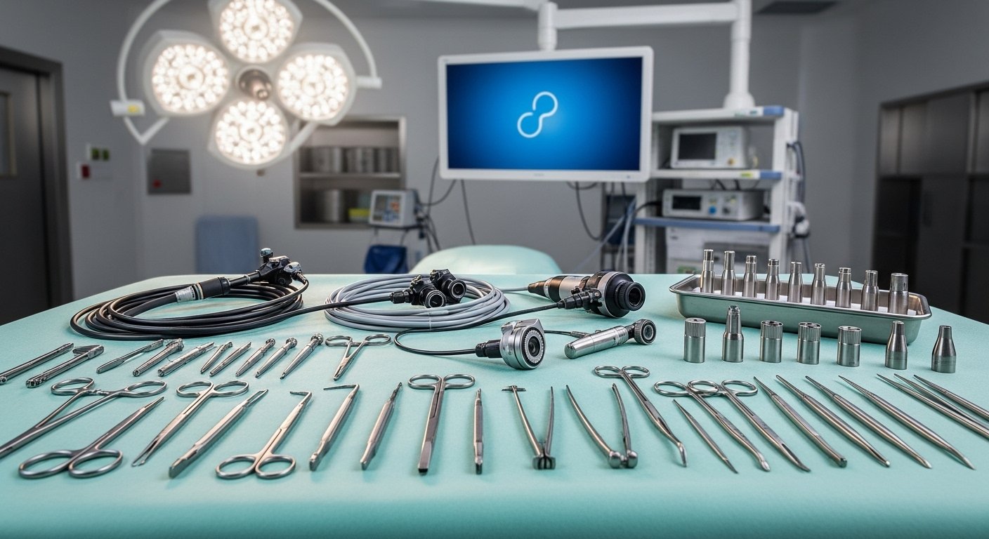 A surgical table is covered with various medical instruments and equipment in a well-lit operating room.