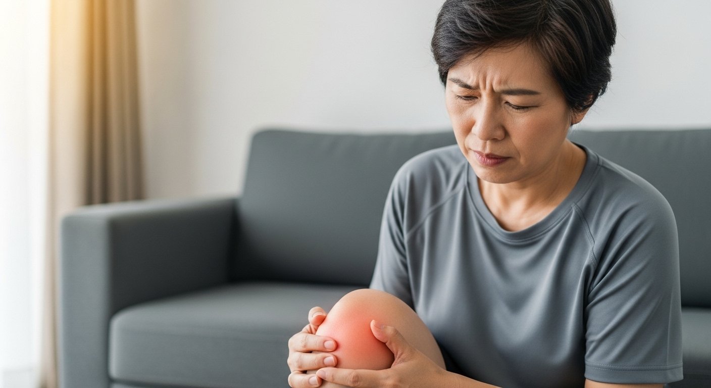 A person in a gray shirt sits on a couch, holding their knee with a pained expression.