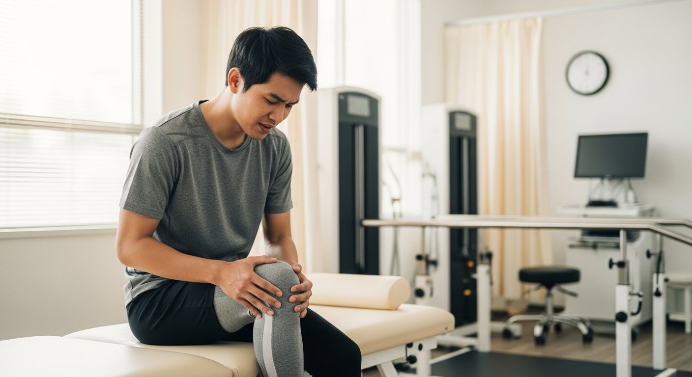 A young man is sitting on a treatment table, holding his knee in discomfort in a therapy room.