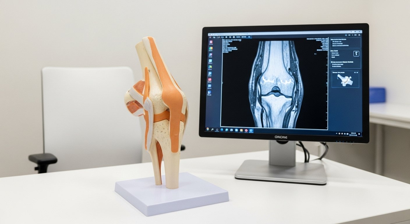 A 3D knee joint model is displayed on a desk next to a computer monitor showing an MRI scan of a knee.