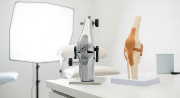 A silver knee joint simulator is positioned next to a realistic knee joint model on a clinical workspace.