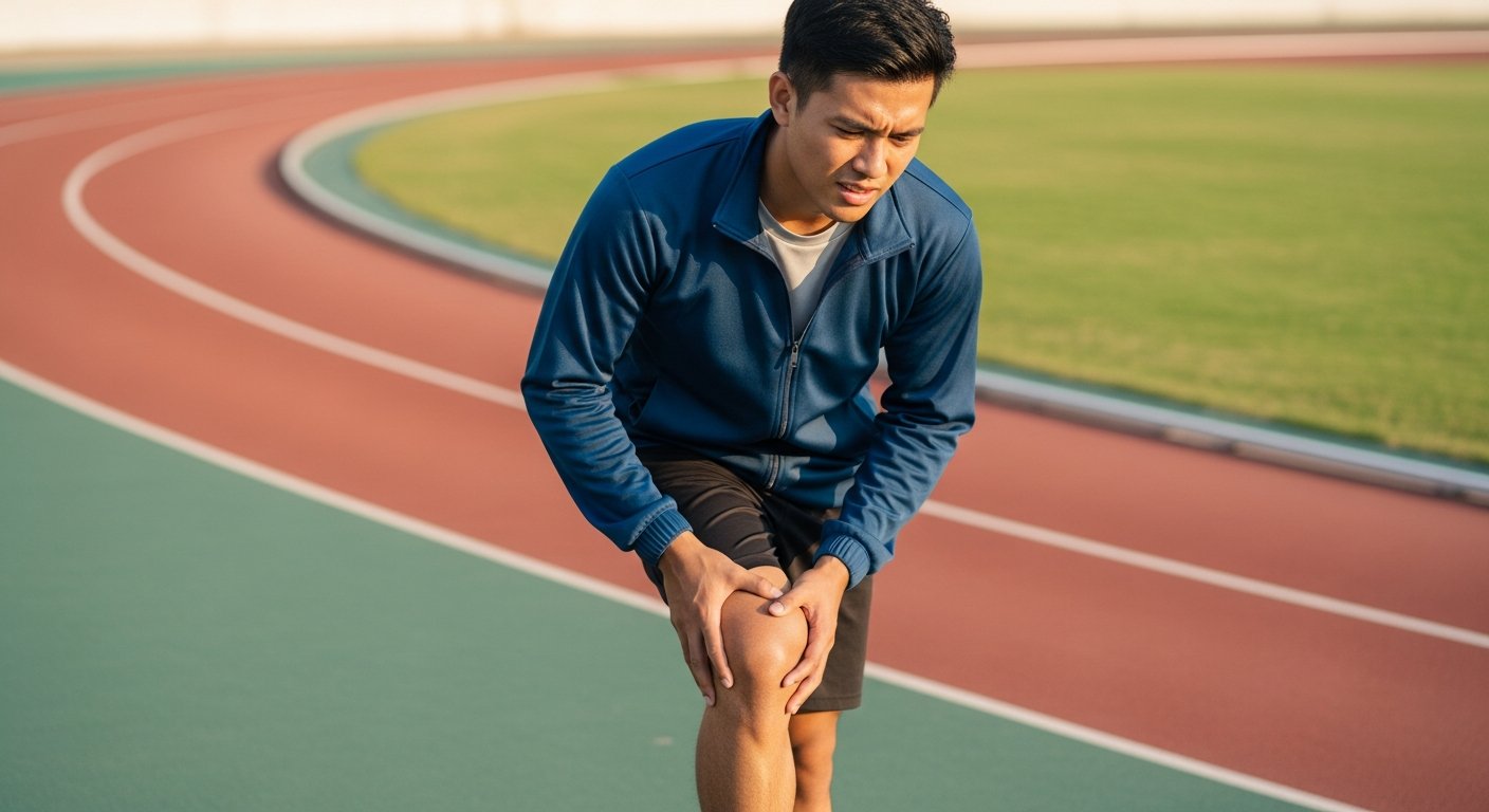A man in athletic wear is experiencing discomfort while holding his knee on a running track.