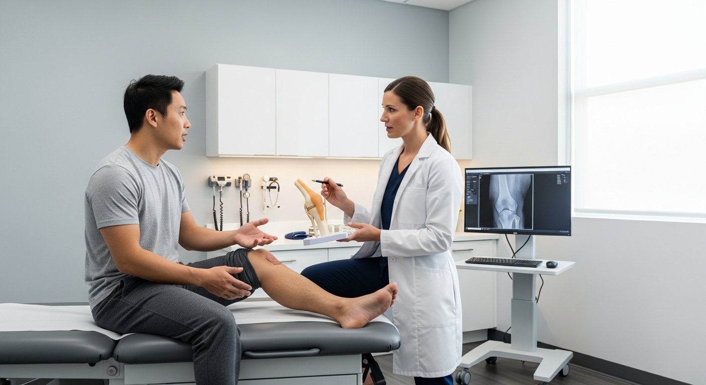 A patient sitting on an examination table in a medical office is discussing their knee condition with a doctor who holds a model of a leg while referring to an X-ray on a nearby screen.