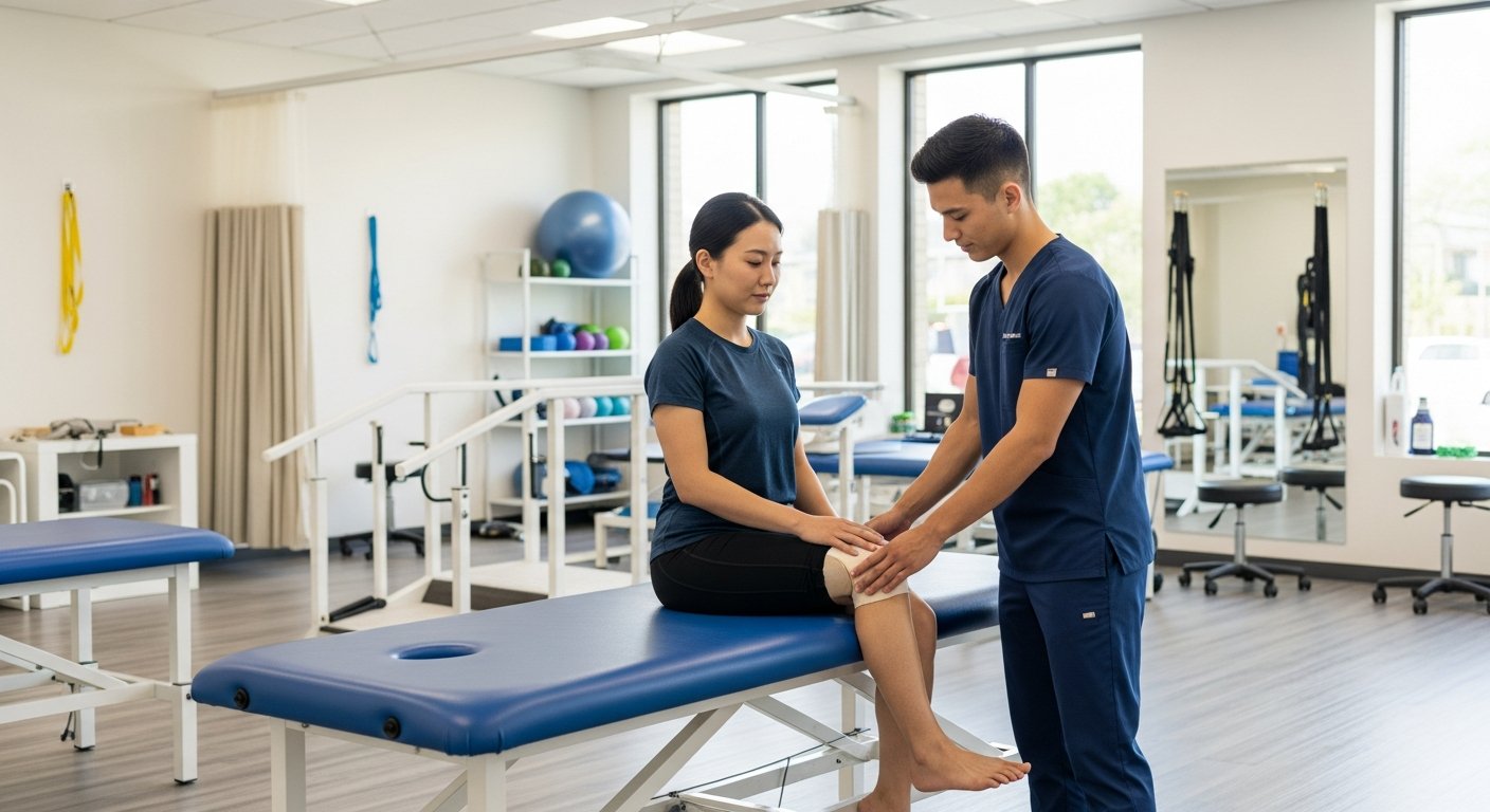 A physical therapist examines a patient's knee while seated on a treatment table in a well-lit rehabilitation clinic.