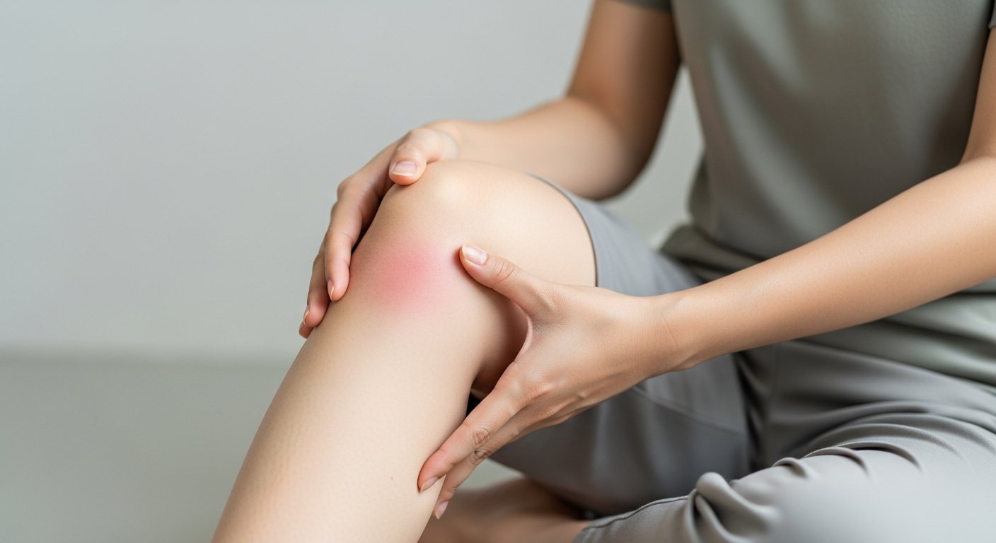 A person is holding and rubbing their knee, which appears to be slightly red and irritated.