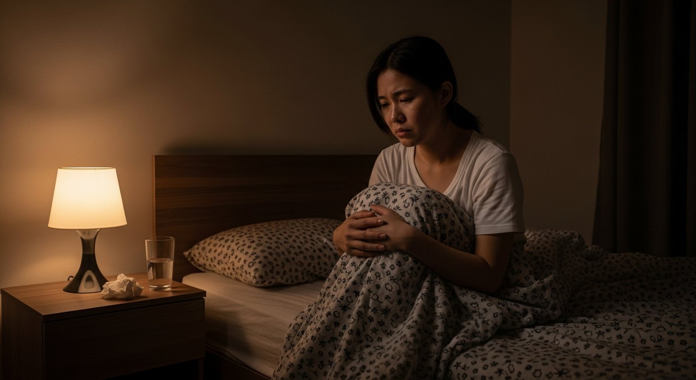 A woman sits on her bed, hugging her knees under a blanket in a dimly lit room, expressing a sense of distress.
