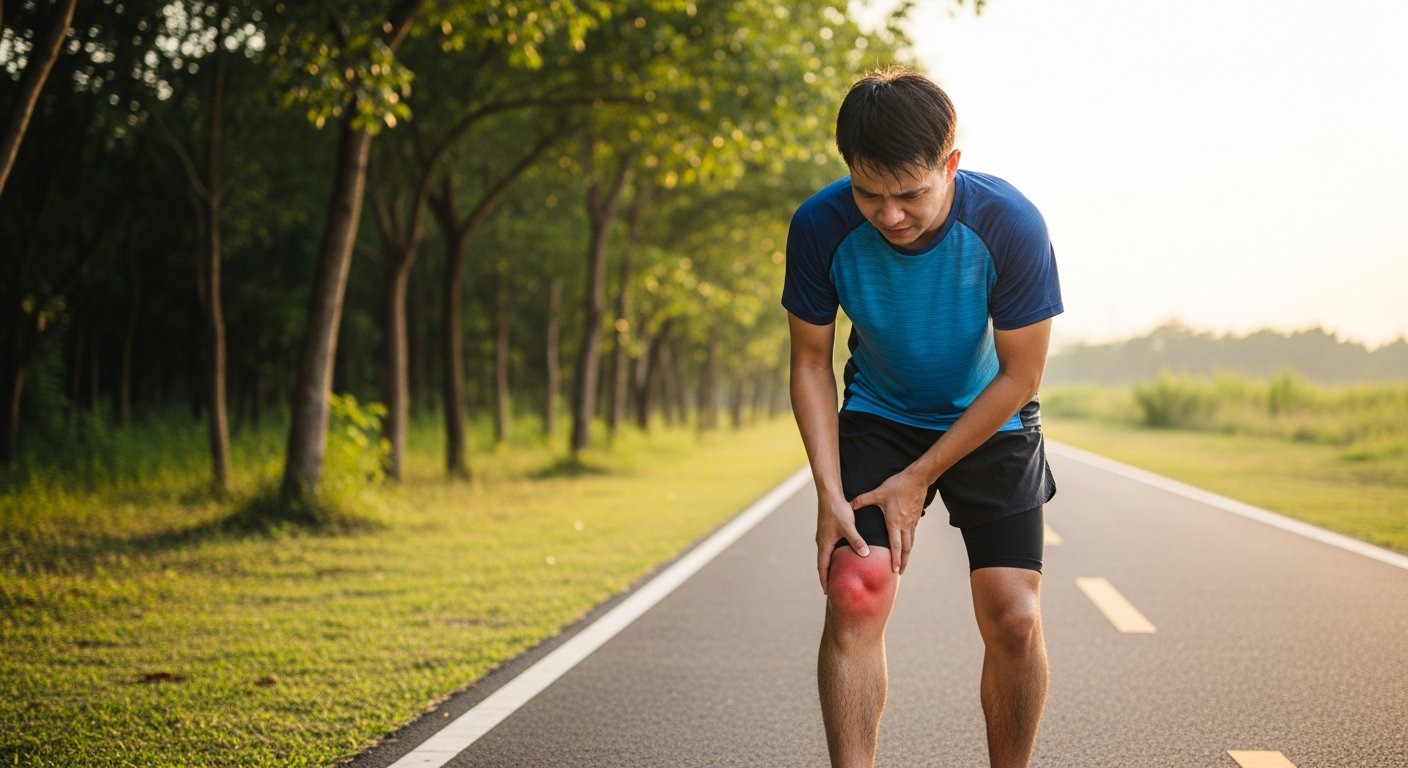 A man in athletic wear is holding his knee while standing on a tree-lined path during a sunny day.