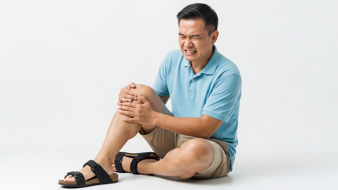 A seated man in a light blue polo shirt and beige shorts is holding his knee, resting on a white background.