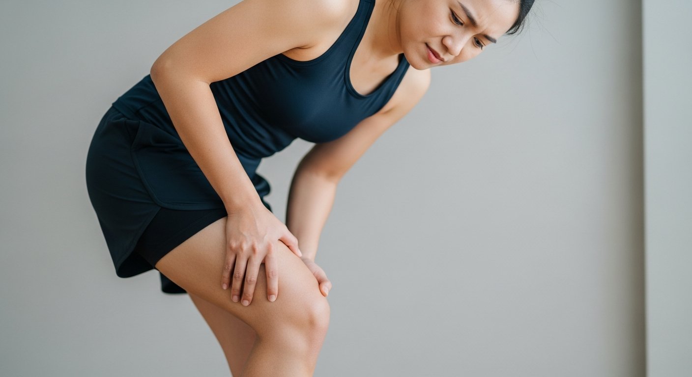 A woman in athletic wear is holding her knee, appearing to experience discomfort or pain.