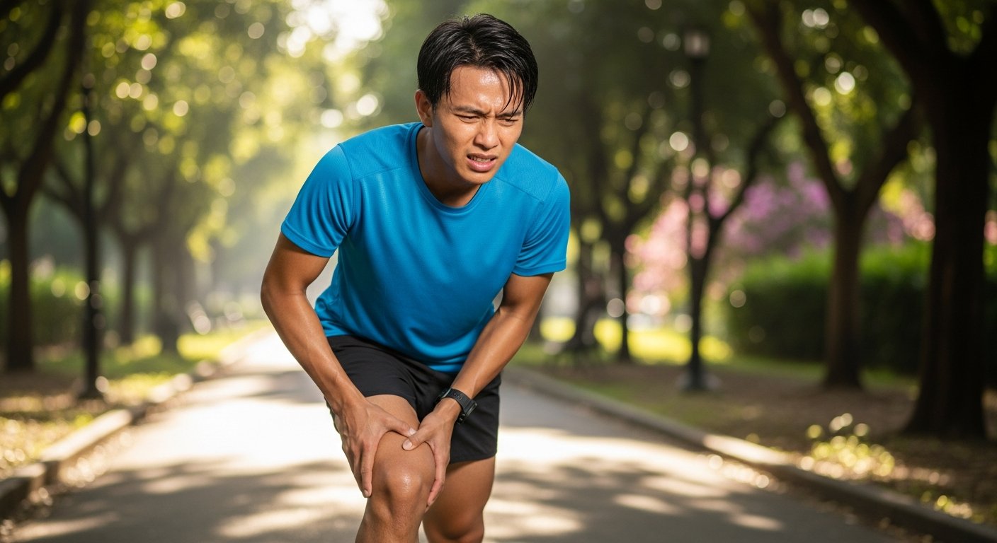 A man in a blue athletic shirt is stretching his leg on a tree-lined path, appearing to experience discomfort.