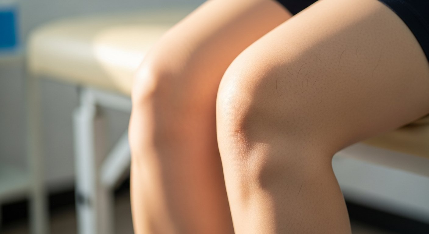 Close-up of a person's knees resting on a medical examination table.