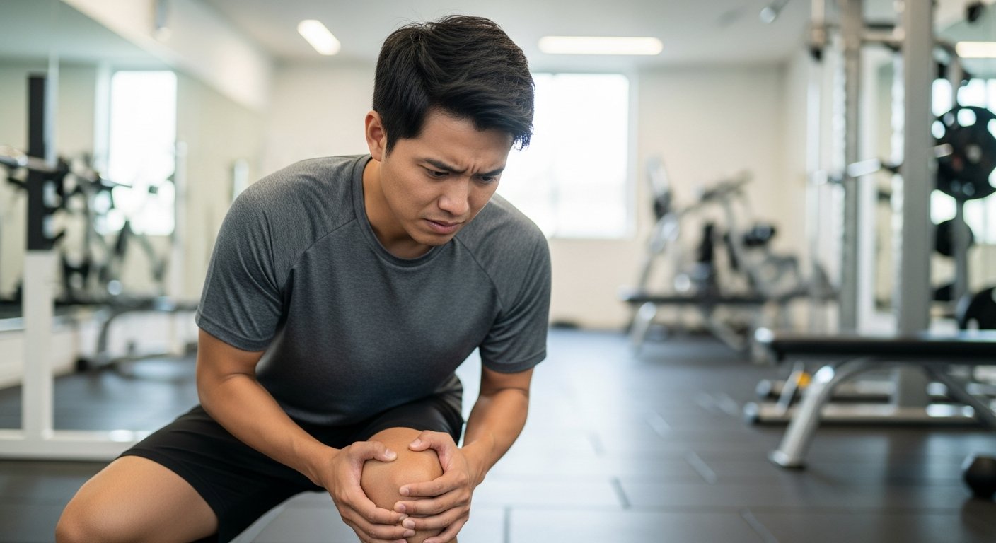 A man in a gym is kneeling and grimacing while holding his knee, indicating discomfort or injury.